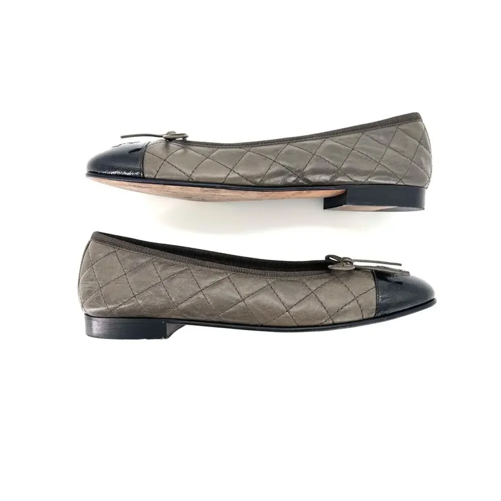 Chanel Crumpled Calfskin Quilted CC Bow Cap Toe Ballerina Flats 37